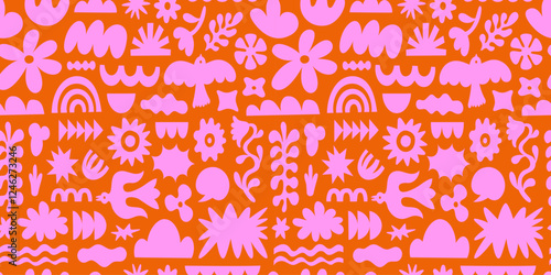 Vector seamless pattern in simple floral wavy and groovy naive style, ocean and vacation theme,  flowers and plants, floral botanic hand drawn design templates, modern art prints, surface design