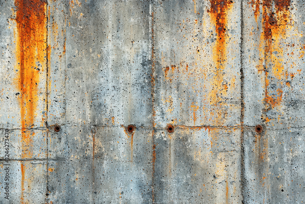Grunge texture of industrial concrete with rust stains and weathered surface details in shades of gray, orange, and brown Grunge texture of industrial concrete with rust stains and weathered surface details in shades of gray, orange, and brown