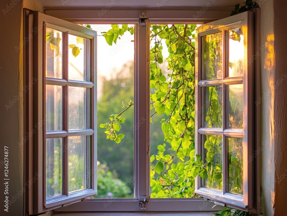 Fototapeta premium Open window to nature's embrace, welcoming sunlight and fresh air