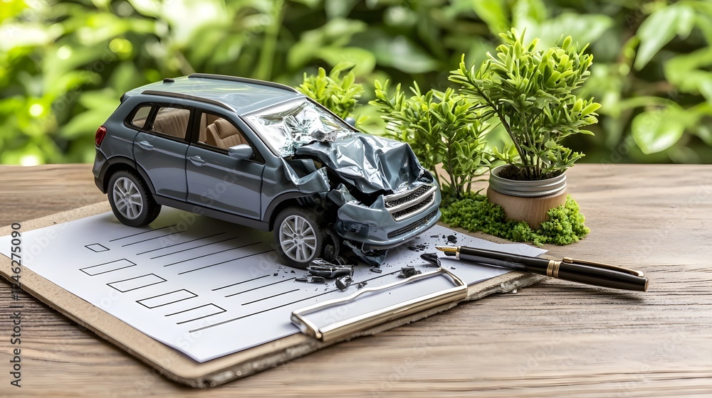 Miniature Damaged Model Car Placed on a Clipboard with a Pen Symbolizing the Auto Insurance Claim Process in Case of Accidents or Vehicle Damages