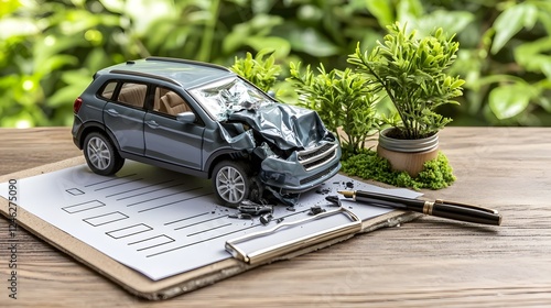 Obraz na płótnie Miniature Damaged Model Car Placed on a Clipboard with a Pen Symbolizing the Auto Insurance Claim Process in Case of Accidents or Vehicle Damages w salonie