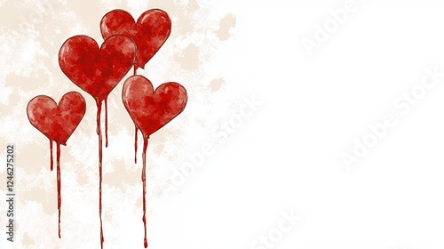 Red Dripping Hearts on Beige Textured Background