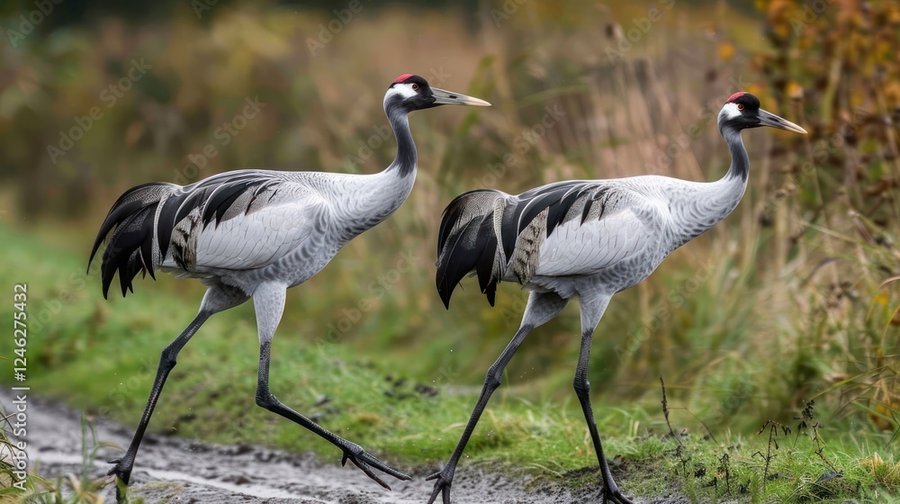 Fototapeta premium Two elegant cranes walking along a muddy path in a serene natural setting with tall grass