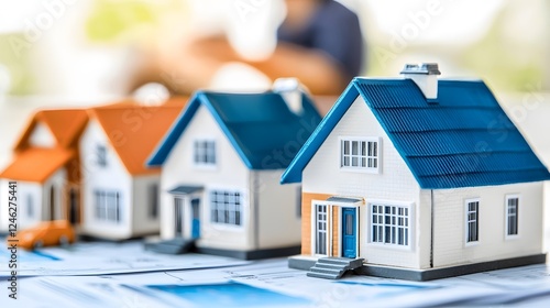 Wallpaper Mural Miniature housing models and apartment buildings arranged on a desk with a blurred figure in the background highlighting the strategic planning and decision making process in urban development Torontodigital.ca