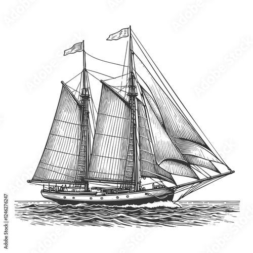 majestic yacht sailing ship with large sails, cruising on the ocean waves, drawn in an engraved, woodcut style sketch engraving generative ai vector illustration. Scratch board. Black and white image.