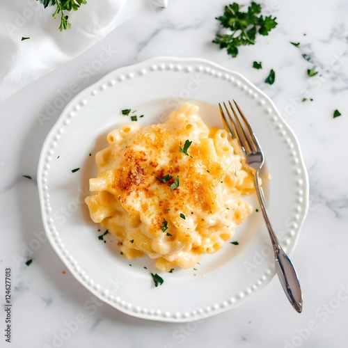 Classic mac and cheese plated elegantly, rich cheddar sauce photo