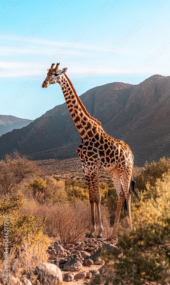 Obraz premium Giraffe standing on rocks, surveying dry African landscape with mountains