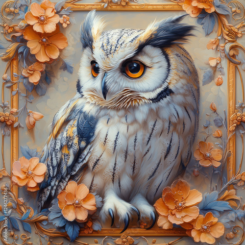 A highly detailed and decorative illustration featuring majestic owlin an ornate, artistic style. The composition includes intricate floral patterns, swirling designs, and elegant embellishments photo