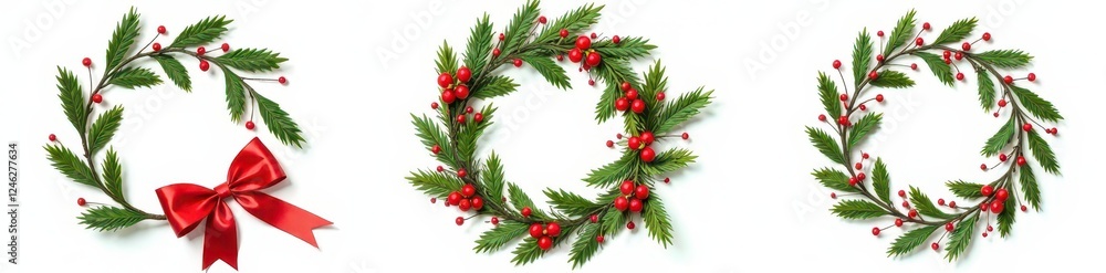 Isolated Christmas wreath with red ribbon and berries on white background, holly, decoration Isolated Christmas wreath with red ribbon and berries on white background, holly, decoration