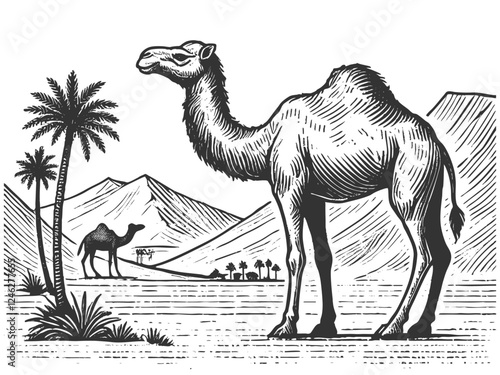 camel in a desert setting with mountains, palm trees, and a distant settlement under a setting sun sketch engraving generative ai vector illustration. Scratch board imitation. Black and white image.