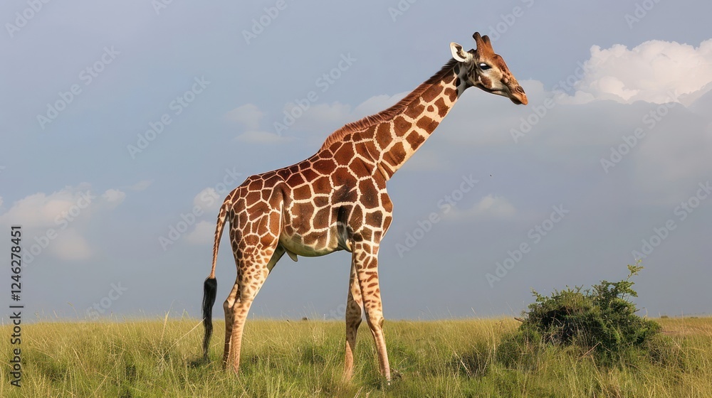 Obraz premium Majestic giraffe standing gracefully in a lush savannah under a clear blue sky
