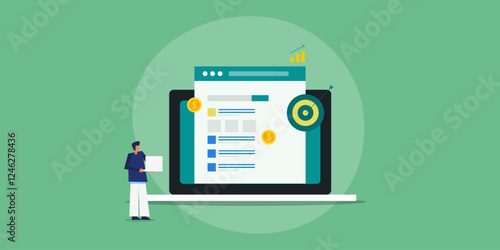 Search marketing campaign, bid strategy and PPC advertising performance report, man with laptop hand, vector illustration.