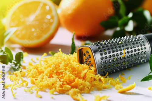 Handheld zester grater showcasing vibrant citrus zest on a white background photo