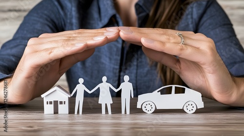 Protective Hands Emphasizing Security and Reliable Insurance Coverage Over Paper Cutouts Representing a Family Car