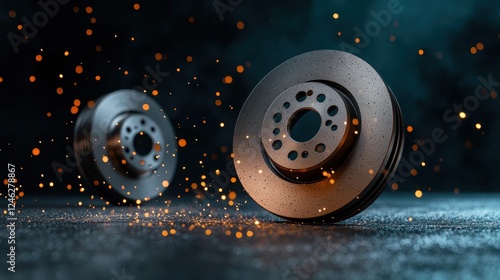 This image showcases two brake discs in motion, surrounded by vibrant sparks, highlighting the energy and dynamic nature of automotive components in action. photo