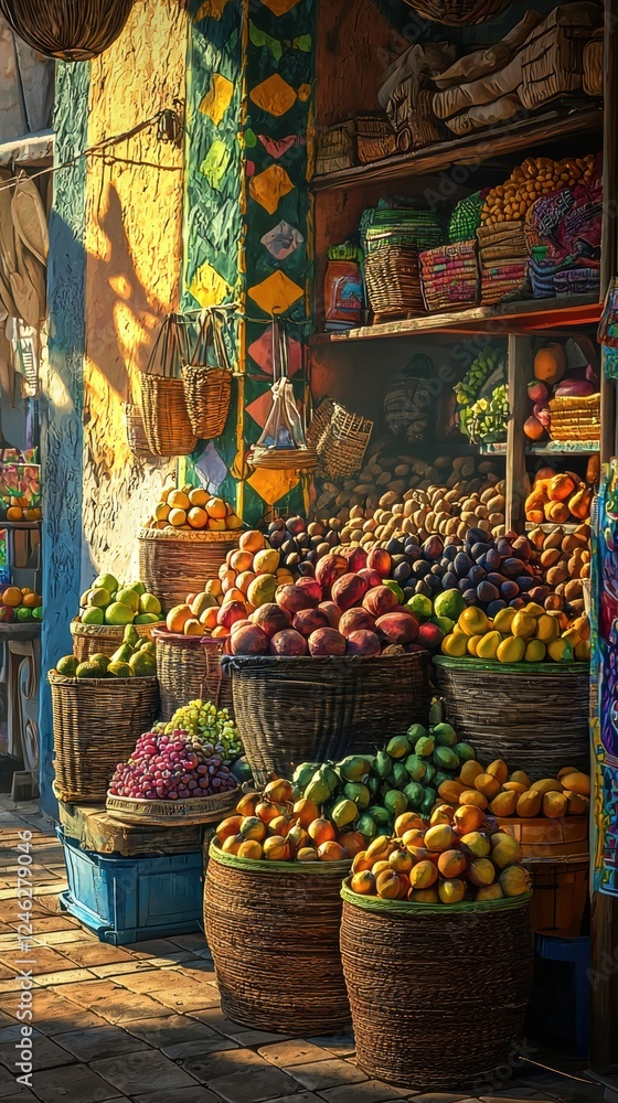 Obraz premium Colorful market stall with fruits and spices against vibrant murals