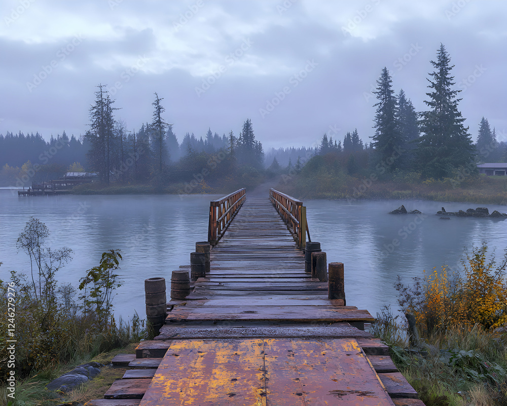 Obraz premium Misty morning view of a wooden bridge extending over a tranquil lake, surrounded by lush greenery and towering evergreens. Serene and peaceful atmosphere.
