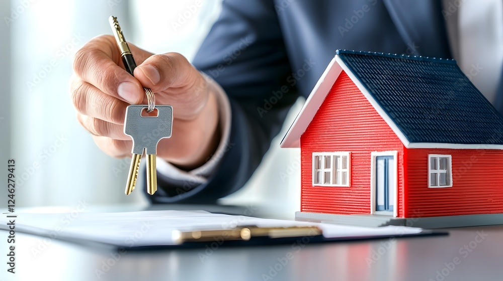 Realtor Signing Contract and Presenting Keys with House Model on Desk Symbolizing Successful Completion of Property Sale Transaction  The image represents the final stage of a real estate deal