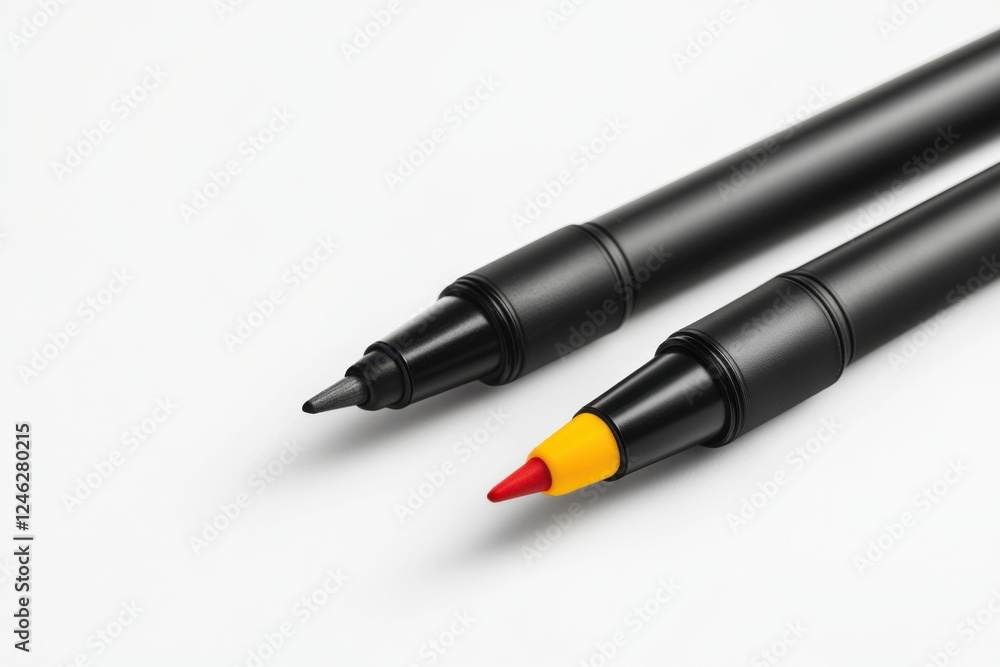 Fine tip markers showcasing sleek design and vibrant colors against a pristine white backdrop in a professional stationery mockup Fine tip markers showcasing sleek design and vibrant colors against a pristine white backdrop in a professional stationery mockup