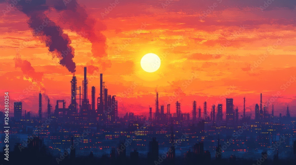 Sunset over industrial city skyline with pollution. Sunset over industrial city skyline with pollution.