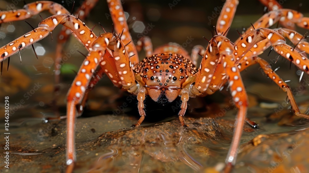 Close-up of a vibrant orange crab with distinctive spots, perched on a wet surface in a lush habitat Close-up of a vibrant orange crab with distinctive spots, perched on a wet surface in a lush habitat