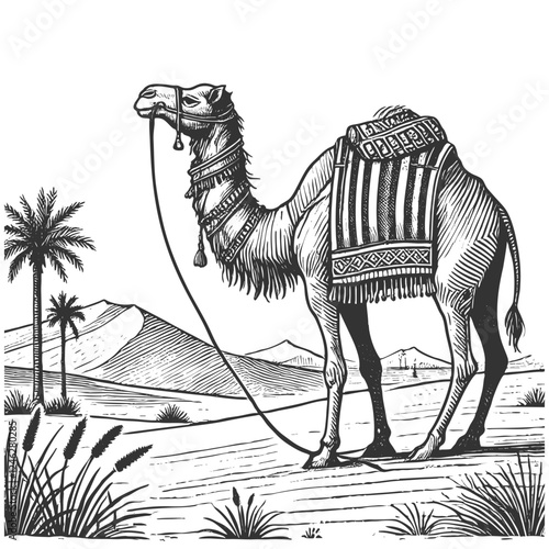camel in a desert setting with mountains, palm trees, and a distant settlement under a setting sun sketch engraving generative ai vector illustration. Scratch board imitation. Black and white image.