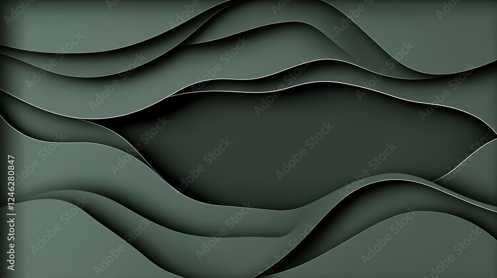 Abstract green waves, paper cut design, dark background, website banner Abstract green waves, paper cut design, dark background, website banner