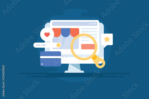 Online shopping store optimization, e-commerce payment checkout, user friendly navigation search concept, vector illustration.