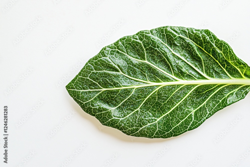 Fresh Green Leaf of Swiss Chard on White Background Showing Veins and Texture Detail Fresh Green Leaf of Swiss Chard on White Background Showing Veins and Texture Detail
