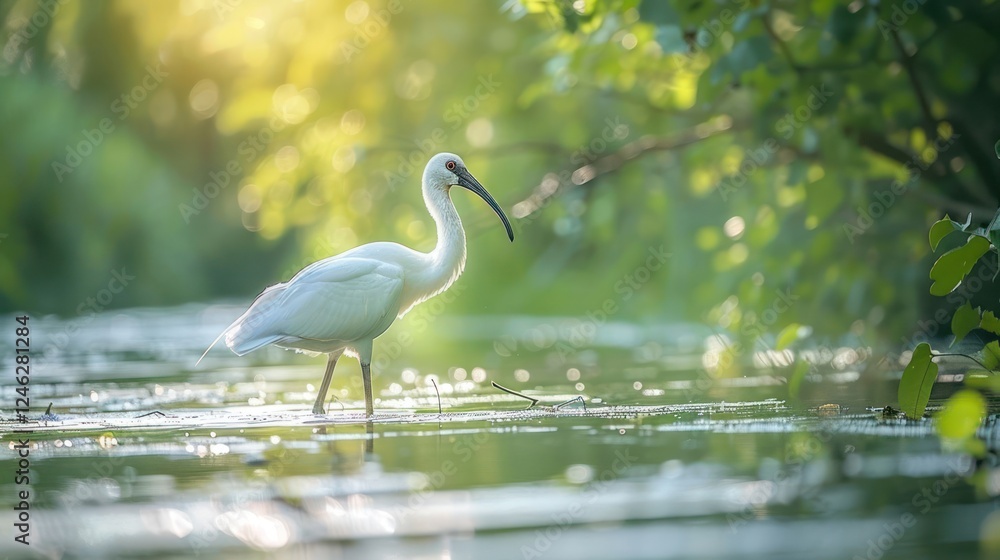 Naklejka premium Elegant white bird wading through tranquil waters surrounded by lush greenery at sunrise