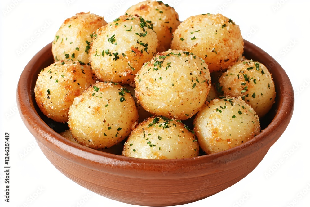 Golden potato balls in rustic bowl with herb garnish a culinary delight for food lovers Golden potato balls in rustic bowl with herb garnish a culinary delight for food lovers