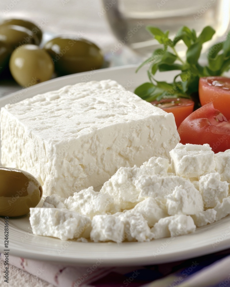 Crumbled feta cheese served with Greek salad and olives perfect for a Mediterranean culinary experience Crumbled feta cheese served with Greek salad and olives perfect for a Mediterranean culinary experience