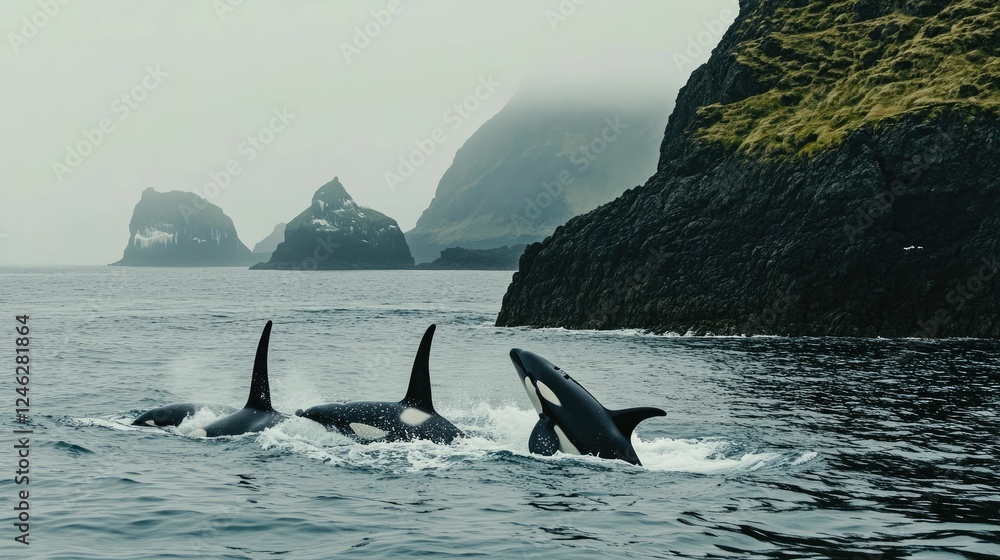 Fototapeta premium Three whales breach ocean near misty cliffs.