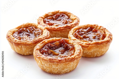 Delicious butter tarts with flaky crust and sweet filling on a clean white background photo