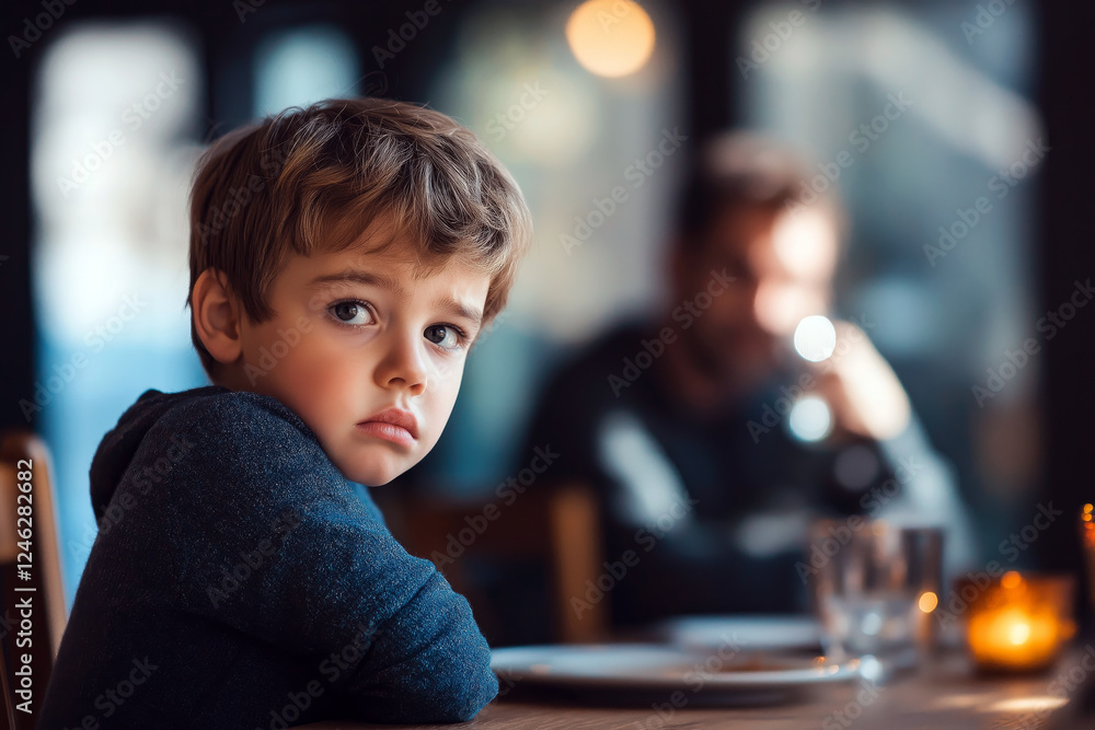 A child sitting alone at a table, looking sad, while an out-of-focus parent drinks in the background. A child sitting alone at a table, looking sad, while an out-of-focus parent drinks in the background.
