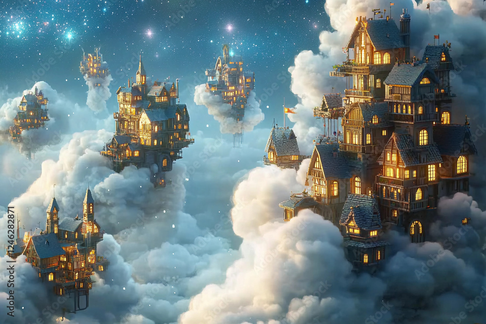 Enchanted village nestled among clouds with glowing windows under a starlit sky Enchanted village nestled among clouds with glowing windows under a starlit sky