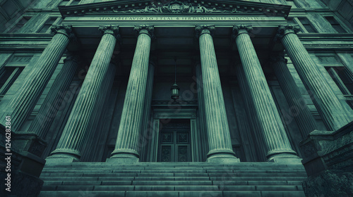 Majestic courthouse entrance with imposing columns and grand staircase.  Ideal for law, justice, or government themes.