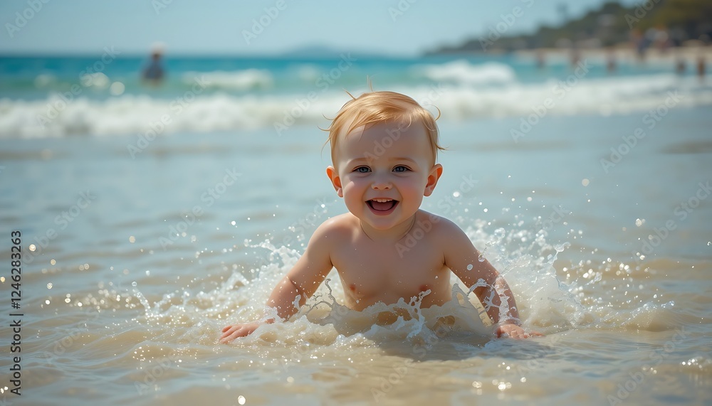 A cheerful baby splashing and playing in shallow beach water under the warm summer sun, enjoying the seaside vacation.
A cheerful baby splashing and playing in shallow beach water under the warm summer sun, enjoying the seaside vacation.