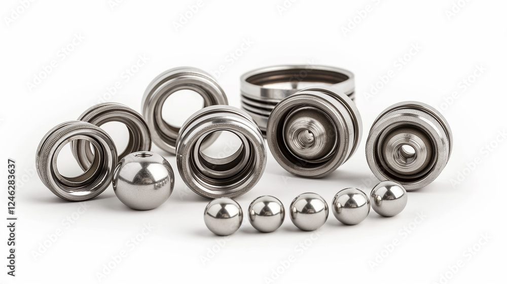 Precision metal parts and bearings on white background Precision metal parts and bearings on white background