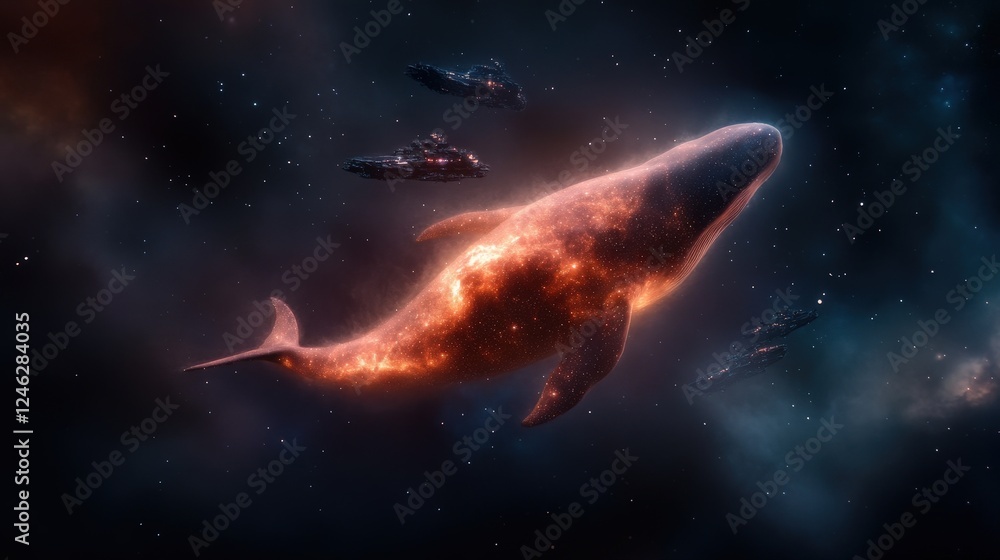 Obraz premium This stunning image features a cosmic whale gracefully swimming through a nebula, surrounded by futuristic starships, blending the beauty of nature and advanced technology.