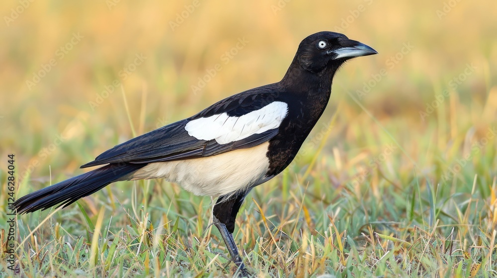A striking black and white bird stands gracefully in a sunlit grassy field, showcasing its vibrant plumage A striking black and white bird stands gracefully in a sunlit grassy field, showcasing its vibrant plumage