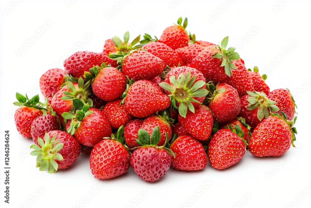 Heap of Fresh Red Strawberries with Green Stems on a White Background Delicious and Juicy Heap of Fresh Red Strawberries with Green Stems on a White Background Delicious and Juicy