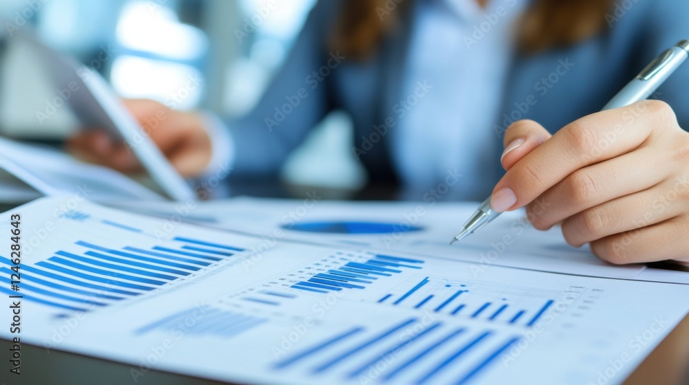 Business Professional Reviewing Financial Reports with Graphs and Charts Business Professional Reviewing Financial Reports with Graphs and Charts