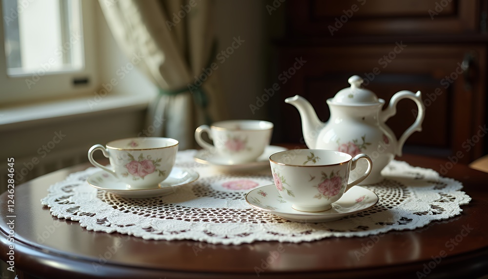 Elegant Teacup Set with Roses on Lace Doily Elegant Teacup Set with Roses on Lace Doily