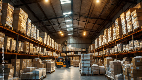 Large warehouse interior with forklift and numerous stacked pallets of cardboard boxes; showcasing efficient logistics and storage.