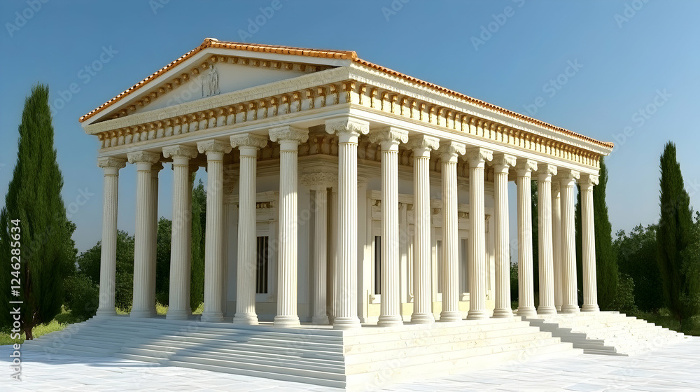 Fototapeta premium Majestic Greek temple, pristine white columns, ancient architecture, sunny day, historical landmark.