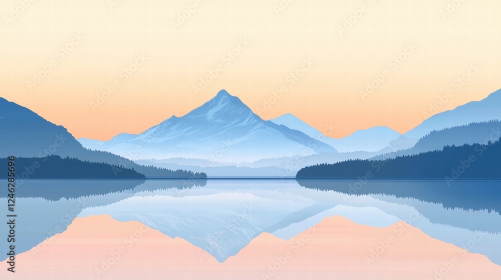 Tranquil sunrise reflection mountain silhouette on still lake Tranquil sunrise reflection mountain silhouette on still lake
