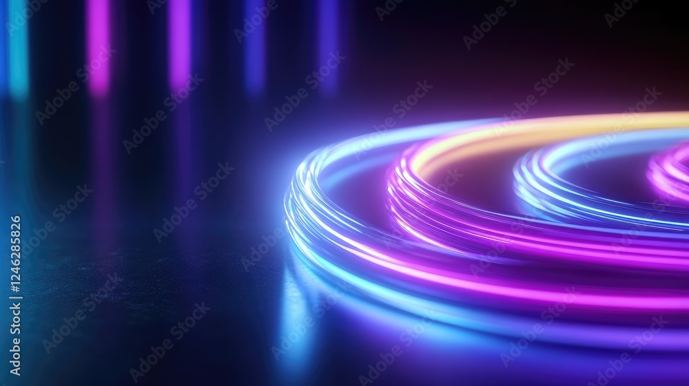 Fototapeta premium Colorful neon lights in circular patterns, vibrant energy
