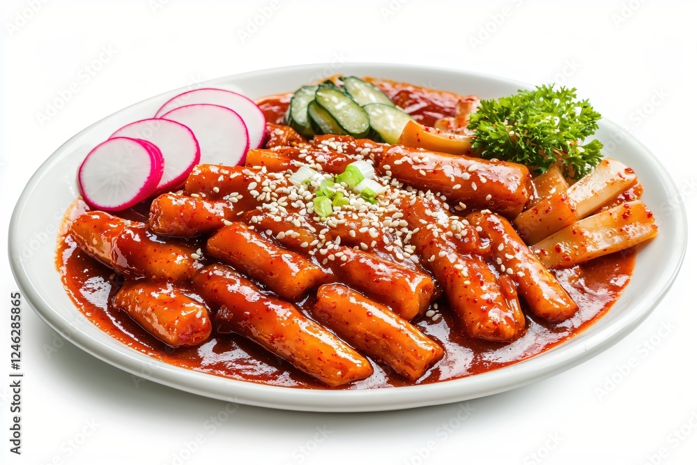 Delicious tteokbokki korean rice cakes with spicy sauce sesame seeds and fresh vegetables Delicious tteokbokki korean rice cakes with spicy sauce sesame seeds and fresh vegetables
