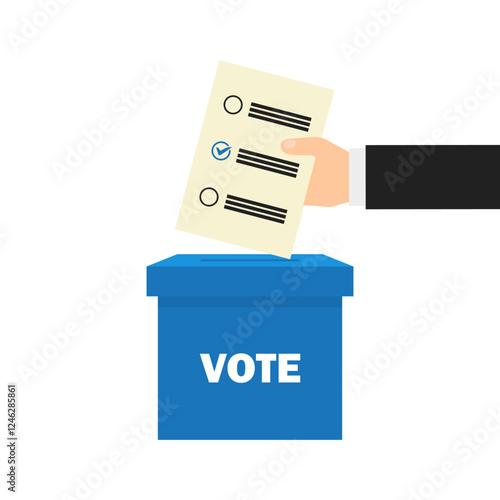 Vote box. Hand casting a ballot into a blue voting box. Vector isolated